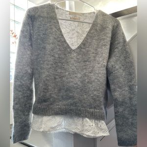 Sezane grey sweater with incorporated white eyelet detail